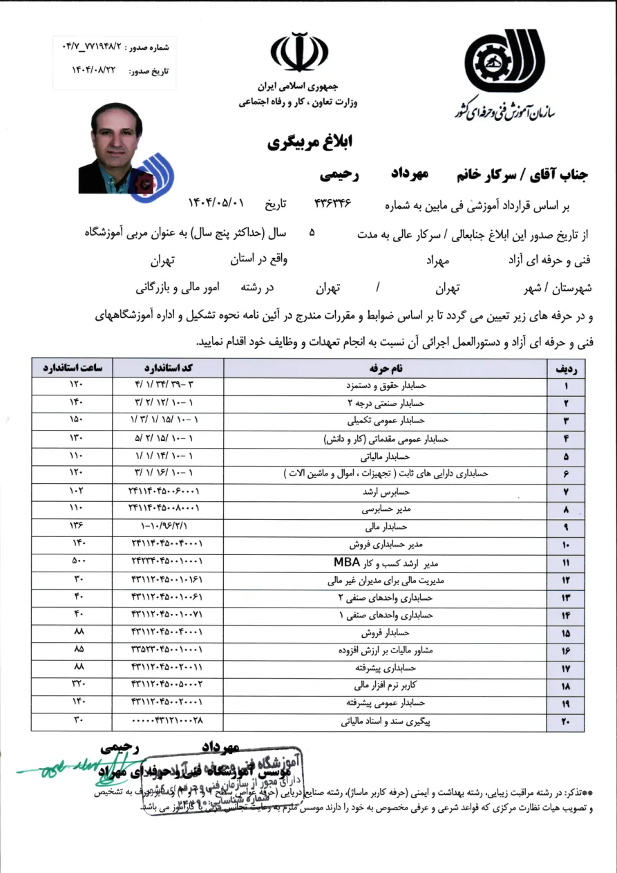ابلاغ مربیگری آموزشگاه